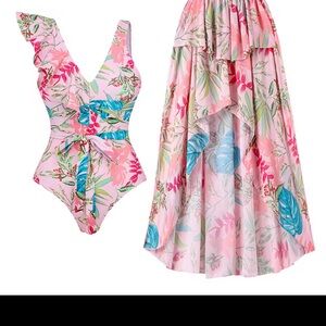 Floral Pink One-Piece Swimsuit with Cover-Up